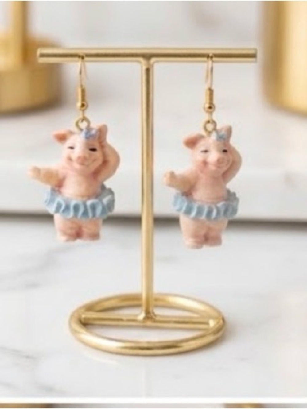 Vintage 80s 90s Dancing Pig Earrings Blue Tutu Bows Novelty Kitsch Dangle